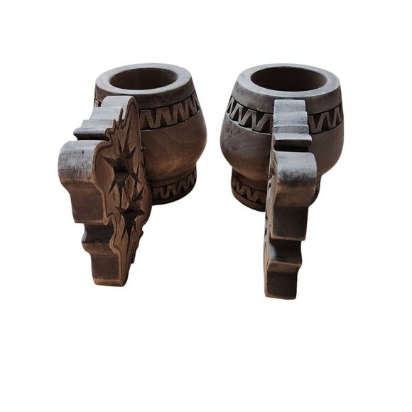 Vintage Wooden Mugs Set of 2 Arta Bucuresti 70s Large Handle Wood - Picture 10 of 10